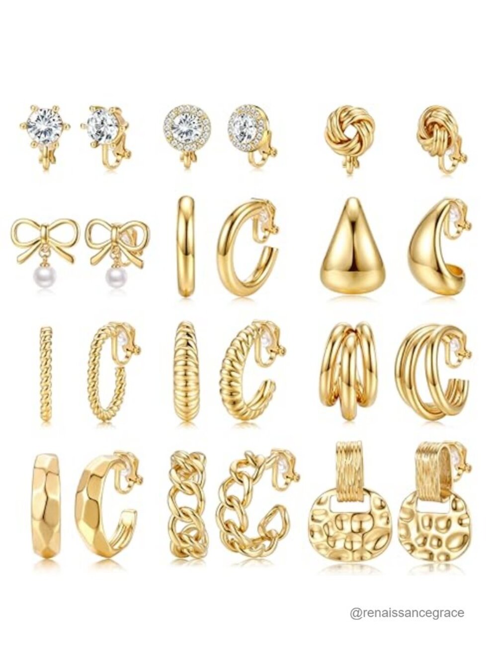16K Gold Plated Clip On Earrings Set for Women, Non Pierced Studs Hoops